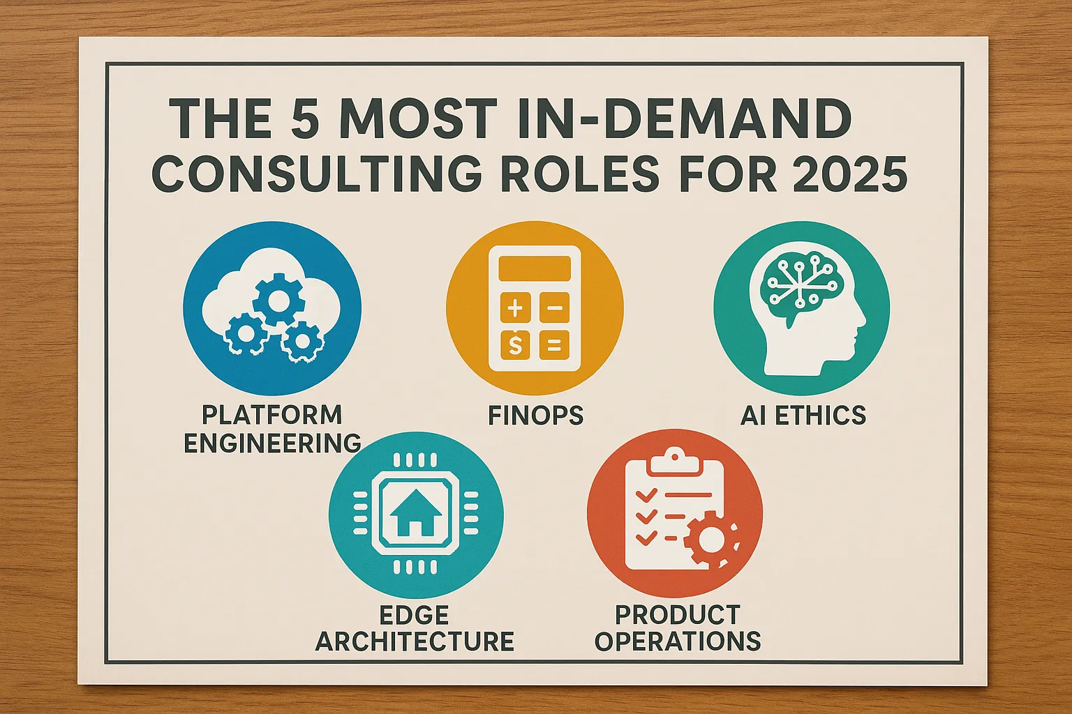 An infographic depicting the five most in-demand consulting roles for 2025, with icons representing platform engineering, FinOps, AI ethics, edge architecture, and product operations.